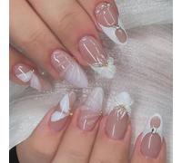 Auriselle 24 Unidades de Press on Uñas Postizas, Uñas Artificiales, Diseño Floral 3D Francesas, Forma Almendra, Brillantes, Uñas Completas para Mujer, con Acrílico Suave, Rosa