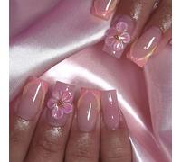 Auriselle 24 Unidades de Press on Uñas Postizas, Uñas Artificiales, Francesas 3D Diseño Floral Forma Cuadrada Brillantes, Uñas Completas para Mujer, con Gel Gelatina Suave, Dos Tonos Rosa Blanco