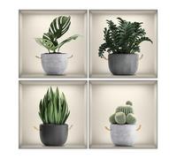 Auriselle 4 piezas 30 * 30 cm adhesivos decorativos macetas verdes, flores y jarrones - Decoración adhesiva 3D pared plantas y hojas verdes - Cuadro moderno para dormitorio, salón, oficina o cocina
