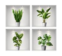Auriselle 4 piezas 40 * 50 cm adhesivos decorativos macetas verdes, flores y jarrones - Decoración autoadhesiva en 3D para paredes plantas y hojas verdes - Cuadro moderno salón, oficina, hotel