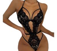 Auriselle Conjuntos de Lencería Sexy para Mujer Body Babydoll con Escote Halter y Tirantes Ajustables Lazo Decorativo Ropa Interior Transparente Teddy Clubwear, Negro, Talla única