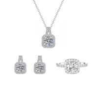 Auriselle conjuntos joyas circonita mujer, conjunto joyas 3 piezas, collar colgante cuadrado, anillo pendientes, brillante, collares y anillos ajustables, mujer y niña, plateado