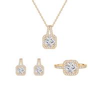 Auriselle conjuntos joyas circonita mujer, conjunto joyas 3 piezas, collar colgante cuadrado, anillo pendientes, brillante, collares y anillos ajustables, mujer y niña, dorado