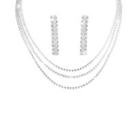 Auriselle Joyas strass novias, conjunto joyas novia de 2 piezas, diseño de líneas para novias, collar y pendientes strass brillantes boda, collares mujeres y niñas, plata