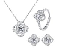 Auriselle Juego de joyas para Mujer Collar de Cuatro Hojas Pendientes de Botón Anillo 3 Piezas Joyas para Mujer con Circonita Cúbica Regalos de Boda para Mujeres