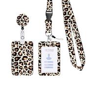 Auriselle Lanyard deslizante tarjetas de identificación Estuche tarjetas Banda Clip, estampado leopardo Cordón impermeable Vertical ID, práctica hebilla extensible Varios compartimentos