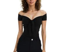 Auriselle Mujer Sin Hombros Crop Top con Cuello en V Bowknot, Sexy Fuera del Hombro Top de Manga Corta Y2K Verano Estiramiento Corto para la Fecha de Todos los días del Partido, Negro S