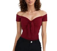 Auriselle Mujer Sin Hombros Crop Top con Cuello en V Bowknot, Sexy Fuera del Hombro Top de Manga Corta Y2K Verano Estiramiento Corto para la Fecha de Todos los días del Partido, Rojo M