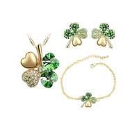 Auriselle Señoras Joyería Set Trébol de Cuatro Hojas de la Suerte Pendientes Collar Pulsera 3 Piezas Mujeres Joyería con Zirconia Cúbico Regalos de Boda para Damas, Verde