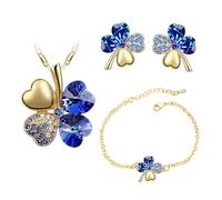 Auriselle Señoras Joyería Set Trébol de Cuatro Hojas de la Suerte Pendientes Collar Pulsera 3 Piezas Mujeres Joyería con Zirconia Cúbico Regalos de Boda para Damas, Azul