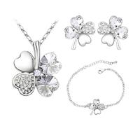 Auriselle Señoras Joyería Set Trébol de Cuatro Hojas de la Suerte Pendientes Collar Pulsera 3 Piezas Mujeres Joyería con Zirconia Cúbico Regalos de Boda para Damas, Plata