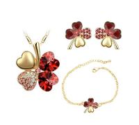 Auriselle Señoras Joyería Set Trébol de Cuatro Hojas de la Suerte Pendientes Collar Pulsera 3 Piezas Mujeres Joyería con Zirconia Cúbico Regalos de Boda para Damas, Rojo
