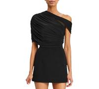 Auriselle Señoras Malla Patchwork Figura Abrazando Mini Vestido Cuello Asimétrico A-Line Vestidos Plisado Manga Corta Club Bodycon Corto Slim Fit Vestido de Verano, Negro, L