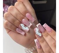Auriselle Uñas Postizas 24 Unidades Largas Francesas Cuadradas Con Pedrería Artificial Uña Artificiales Blancas y Rosas con Motivos Florales Uñas Adhesivas, Perfectas para la Manicura en Casa