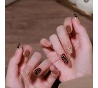 Auriselle Uñas Postizas a Presión Largas 24 Piezas de Uñas Postizas Francesas Cuadradas con Diseño de Rayas Uñas Artificiales Marrones y Rosas con Diseño de Diamantes 3D