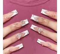 Auriselle Uñas Postizas Largas 24 Piezas Uñas Postizas Francesas Largas Cuadradas Uña Artificiales Rosa y Blanco en Gel Suave Uña de Purpurina con Diseño 3D Mariposas