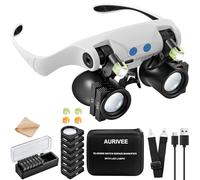 AURIVEE Lupa de Cabeza con Luz，7 Pares de Lentes Intercambiables (3X-15X) para Joyeros Reparación Relojes - Gafas Lupa LED Recargables para Trabajo de Cerca, Manualidades & Electrónica