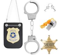 AURIXOEU Accesorios Policia para Niños, 5 Piezas Accesorios Disfraz Policia, Incluye Policias Esposas, Placa, Silbato, Llave, Broche, para Fiestas de Halloween para Niños, Carnavales y Juegos de Rol