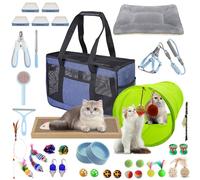 AURIXUS Kit de iniciación de gatitos de 39 piezas, ideal para gatos menores de 6 meses, suministros para gatos, con juego de juguetes de 23 piezas, cama, transportador, caja de arena de un solo uso