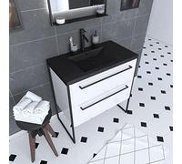 AURLANE - Mueble de baño, 80 x 50 cm, color blanco, 2 cajones, blanco - Lavabo de resina negra efecto piedra