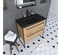 AURLANE - Mueble de baño, 80 x 50 cm, roble marrón, 2 cajones, roble marrón, lavabo, resina negra, efecto piedra