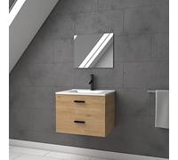AURLANE - Mueble de baño de 60 cm, Colgante de 2 cajones, Acabado Madera con Lavabo y Espejo - Box-in 60 Wood