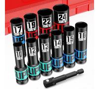 Aurlloct 11 Piezas Juego de Llaves de Vaso, 10-24mm llaves de Vaso Impacto 1/2“, con 1/4" a 1/2" Adaptador de Dado, Vaso de Impacto Ferramentas Auto para Reparación de Coches Cambio de Neumáticos