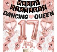 Aurmonigo Decoración de cumpleaños número 17 para niña, globos de látex de aluminio con texto en inglés "Happy Birthday", decoración de tartas, cortina de oropel para niñas de 17 años, suministros de