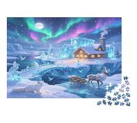 Aurora Boreal Cabaña Nevada Puzzle de 1000 Piezas Puzzle para Adultos Papel Escena Invernal Animales Polares Relajación Regalo Hogar Familia 52x38cm/1000pcs