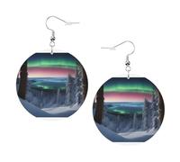 Aurora - Pendientes redondos de piel de PVC impresos de doble cara con ganchos chapados en plata 925, talla única, plata de ley, piedra dorada, One Size, Plata de ley, Piedra dorada