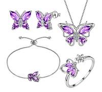 Aurora Tears Collar de mariposa de plata de ley 925 pendientes anillos de piedra de nacimiento conjunto de joyas colgante colgante Fechado regalos para mujeres y niñas, Plata, Amatista