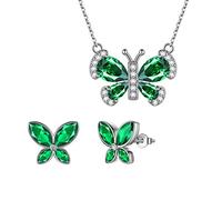 Aurora Tears Conjunto de joyería de mariposa verde para mujer, plata de ley 925, diseño de mariposas de animales, piedra natal de mayo, esmeralda, collar y pendientes de cristal, Plata, Esmeralda
