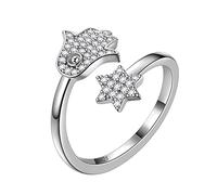 Aurora Tears Hamsa - Anillos ajustables de plata de ley 925 con diseño de mano y estrella de David, diseño de Fátima, regalo de joyería para hombres y mujeres DR0126W, Circonia cúbica, Zirconia cúbica