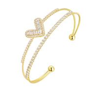 Aurora Tears Pulsera ajustable con corazón de amor, chapado en plata/oro, diseño de corazón adornado, joyería abierta para mujer CB0018, One Size, Metal, Circonita cúbica