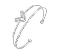 Aurora Tears Pulsera ajustable con corazón de amor, chapado en plata/oro, diseño de corazón adornado, joyería abierta para mujer CB0018, One Size, Metal, Circonita cúbica