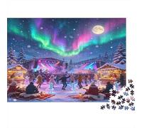 Auroras Boreales Pueblo Invernal Puzzle de 1000 Piezas Papel para Adultos Escena Nocturna Festiva Juego de Puzzle 1000 Piezas Decoración Hogar Relajación Concentración 38x26cm/1000pcs