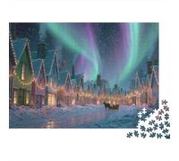 Auroras Boreales Puzzle de 1000 Piezas Pueblo Invernal Puzzle para Adultos Papel Relajante Decorativo 38x26cm/1000pcs