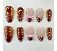 Auroriel 24 Piezas Otoño Marrón Corto Almendra Presionados Uñas Puntos Blancos Lazo Perlas Diseño Francés Punta Linda Uñas Artificiales Cubierta Completa Acrílico Uñas Fa