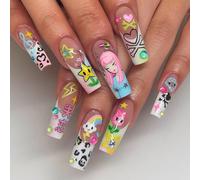 Auroriel 24 Piezas Uñas Postizas Extra Largas Cuadradas Punta Francesa Diseño de Estrella Y2K Uñas Artificiales Autoadhesivas Reutilizables para Ellas Damiselas Adolescen