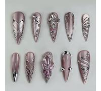 Auroriel 24 Piezas Uñas Postizas Largas Stiletto con Diseño 3D de Corazones, Flores y Alas de Mariposa Reutilizables Uñas Acrílicas de Cobertura Total para Mujeres para B