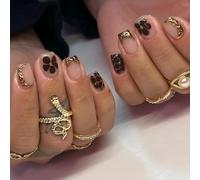 Auroriel 24 uds de uñas postizas cortas cuadradas con estampado de leopardo dorado, flores 3D, francés con borde negro, brillantes, reutilizables, cobertura completa y fá