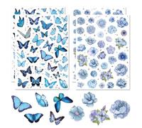 Auroriel 4 Hojas con Flores y Mariposas Adhesivas, Ideal para Niños y Adultos, Stickers Temáticos de Primavera para Scrapbook, Set de Adhesivos para Decoración DIY (Azul)