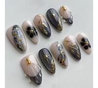 Auroriel Set de 30 Piezas de Uñas de Estilo Almendra Medianas 3D mármol Hoja de Oro Punta Francesa para Pegar manicura elegante para Damas uñas postizas de toda la superf