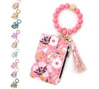 Aurorize Boho Beaded Wallet with Flower Pattern, Women's Boho Style Beaded Tassel Keychain Wallet, Wristlet Wallets Card Holder Purse (Dark Pink)