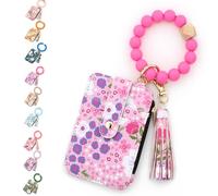 Aurorize Boho Beaded Wallet with Flower Pattern, Women's Boho Style Beaded Tassel Keychain Wallet, Wristlet Wallets Card Holder Purse (Rose Red)