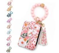 Aurorize Boho Beaded Wallet with Flower Pattern, Women's Boho Style Beaded Tassel Keychain Wallet, Wristlet Wallets Card Holder Purse (Light Pink)