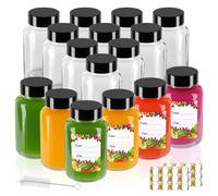 AuroTrends Botellas de chupito de jengibre de 4 onzas, paquete de 16 botellas de vidrio reutilizables con cepillo y calcomanías, botellas de chupito de jugo con tapas para jugo, bebidas, leche, whisky
