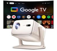 Aurzen Boom Mini Proyector 4 en 1 con Google TV, Enfoque y corrección Trapezoidal en Tiempo Real, Altavoces de 20W DoIby Audio, proyector de películas para Exteriores ANSI 500 (Blanquecino)