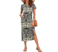 AUSELILY Maxi Vestidos Largos Sueltos De Manga Corta con Bolsillos para Muje Casual Estampado Floral Vestidos Playeros con Bolsillos Boho Floral Negro M