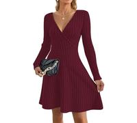 AUSELILY Vestido de jersey para mujer, para otoño e invierno, sexy, cuello en V, ligero, fluido, elegante, vestido de punto de manga larga hasta la rodilla, vestido cruzado para boda y fiesta, rojo